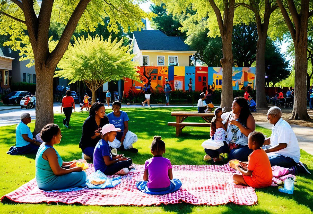 A vibrant neighborhood scene depicting diverse people engaging in joyful activities together, such as sharing meals, playing games, and laughing in a sunlit park. Include colorful street art and blooming flowers that symbolize unity and happiness. Show children playing, elders sharing stories, and families connecting, illustrating a sense of community. The atmosphere should radiate warmth and positivity. bright and colorful. super-realistic.