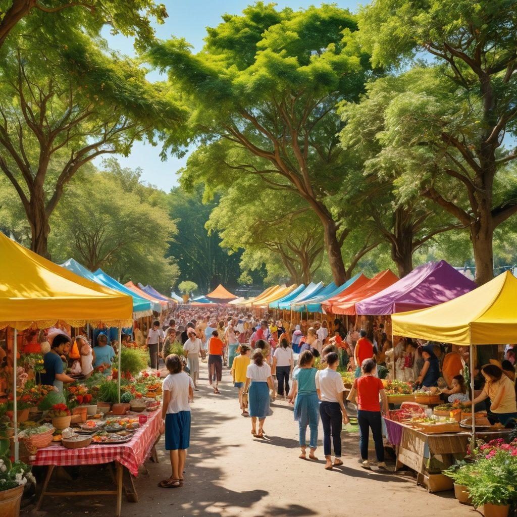 A vibrant community gathering in a sunny park, showcasing diverse people laughing and interacting around colorful stalls filled with local crafts and foods. Children can be seen playing games, while musicians share cheerful tunes in the background. Lush greenery and blooming flowers frame the scene, enhancing the joyful atmosphere. super-realistic. vibrant colors. cheerful ambiance.