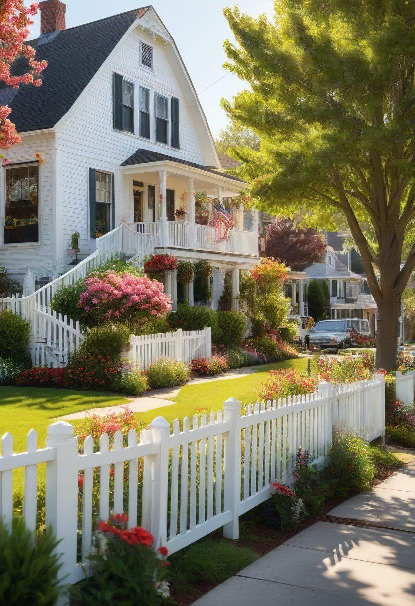 A serene neighborhood scene showcasing delighted neighbors interacting joyfully, with kids playing and adults chatting over a fence. In the background, a vibrant community gathering is happening with colorful decorations, food stalls, and laughter filling the air. Bright sunlight bathes the scene, evoking a sense of warmth and connection. Include elements like blossoming trees and blooming flowers for added vibrancy. super-realistic. vibrant colors.